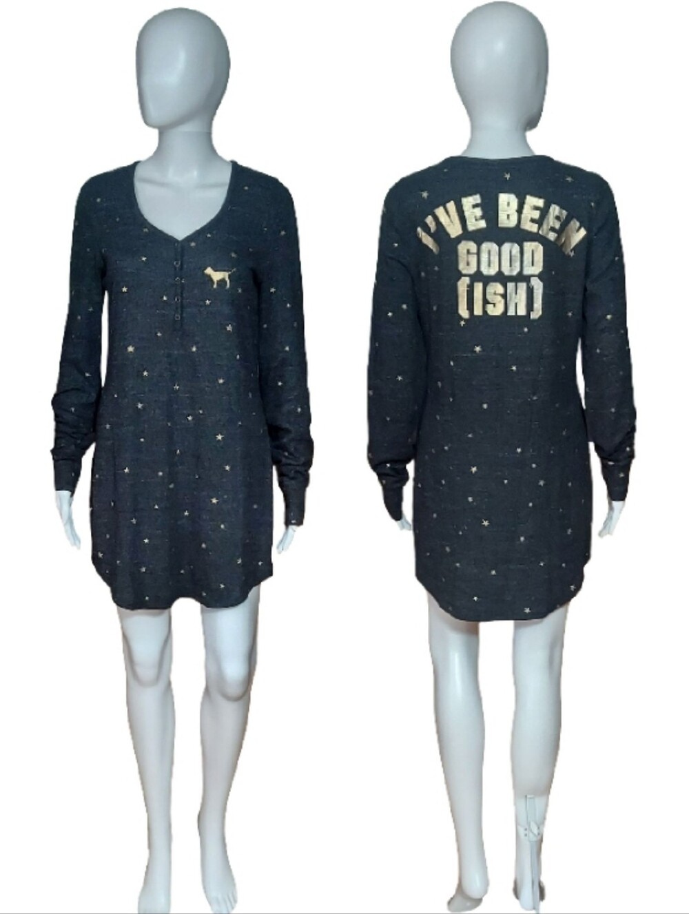 Victoria's Secret Pink Star Print I've Been Good(Ish) Thermal Henley Sleep Shirt